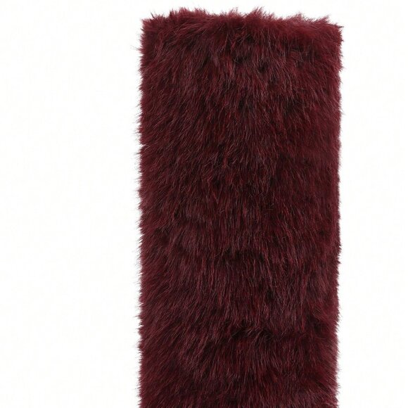 Burgundy Women's Knee High Fuzzy Faux Fur Stiletto heeled Boots - Picture 6 of 8